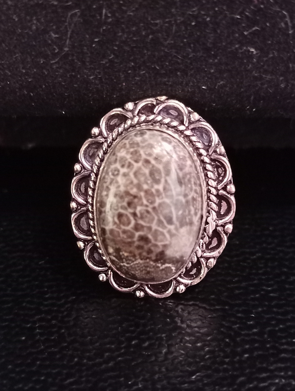 Hippie Chic - Natural Stingray Coral Oval .925 Stamped Ring Sz 7.75, Stone 20x13